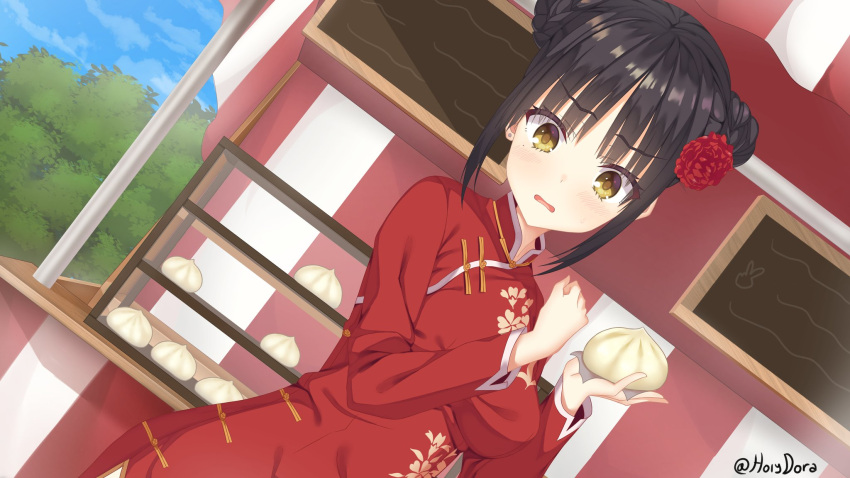 1girl baozi black_hair blush breasts cafe_stella_to_shinigami_no_chou china_dress chinese_clothes commentary day double_bun dress dutch_angle earrings english_commentary eyelashes floral_print flower food hair_bun hair_flower hair_ornament hands_up highres holding holding_food holydora jewelry long_sleeves looking_at_viewer medium_breasts medium_hair mole mole_under_eye official_alternate_costume official_alternate_hairstyle open_mouth outdoors red_dress red_flower red_rose rose shiki_natsume shy solo stud_earrings twitter_username upper_body wide-eyed yellow_eyes