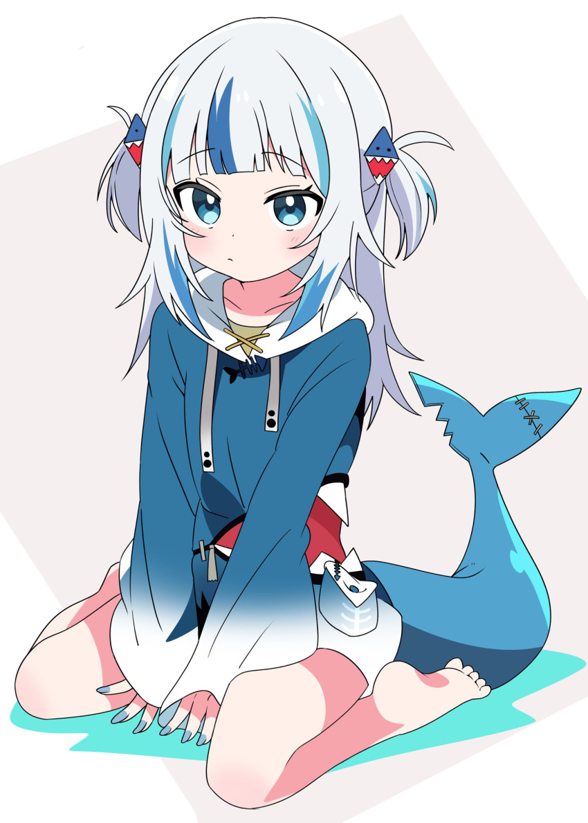 1girl barefoot blue_hair blue_hoodie blue_nails blunt_bangs fins fish_tail gawr_gura gawr_gura_(1st_costume) highres hololive hololive_english hood hoodie hutaba_haru looking_at_viewer medium_hair multicolored_hair nail_polish shark_girl shark_tail sidelocks solo streaked_hair tail two_side_up virtual_youtuber white_background white_hair