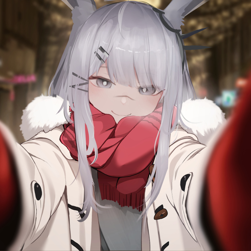1girl absurdres animal_ear_fluff animal_ears arknights blunt_bangs blurry blurry_background blurry_foreground blush breath closed_mouth coat depth_of_field dress ear_ornament frostnova_(arknights) fur-trimmed_hood fur_trim gloves grey_dress grey_eyes grey_hair hair_ornament hair_over_one_eye hairclip highres hood hood_down long_hair long_sleeves looking_at_viewer meme open_clothes open_coat outdoors pov pov_cheek_warming_(meme) rabbit_ears rabbit_girl red_gloves red_scarf ring_hair_ornament scar scar_on_face scar_on_nose scarf sidelocks smile solo upper_body wawamachi_(wawamachis) white_coat winter_clothes winter_coat