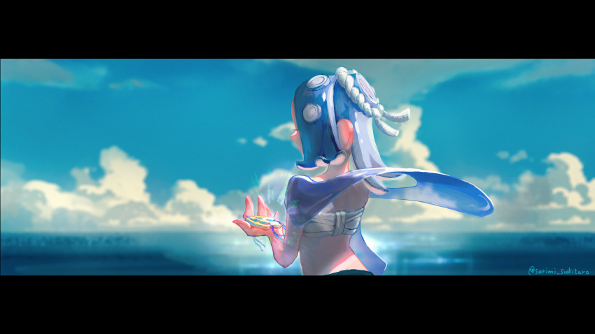 1girl absurdres blue_hair blue_sky blurry blurry_background chest_sarashi clouds couldoh day from_behind highres holding horizon ocean octarian outdoors sarashi shiver_(splatoon) sky solo splatoon_(series) splatoon_3 suction_cups tentacle_hair