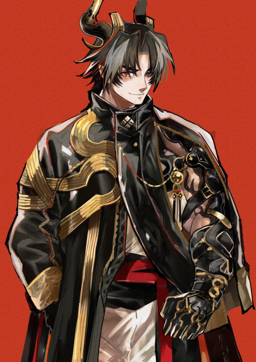 1boy arknights biceps black_coat chong_yue_(arknights) clenched_hand coat commentary dragon_horns highres horns looking_at_viewer male_focus multicolored_hair ohayashi55 pants red_background red_eyes shirt smile streaked_hair white_pants white_shirt