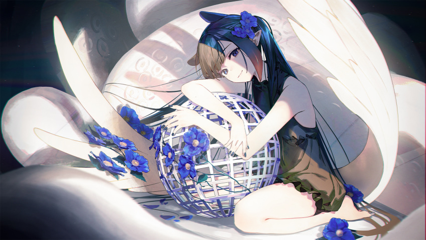 1girl ball barefoot black_dress dress flower highres hololive hololive_english looking_at_viewer ninomae_ina'nis ninomae_ina'nis_(artist) official_art pointy_ears purple_hair simple_background sitting solo violet_eyes virtual_youtuber wings