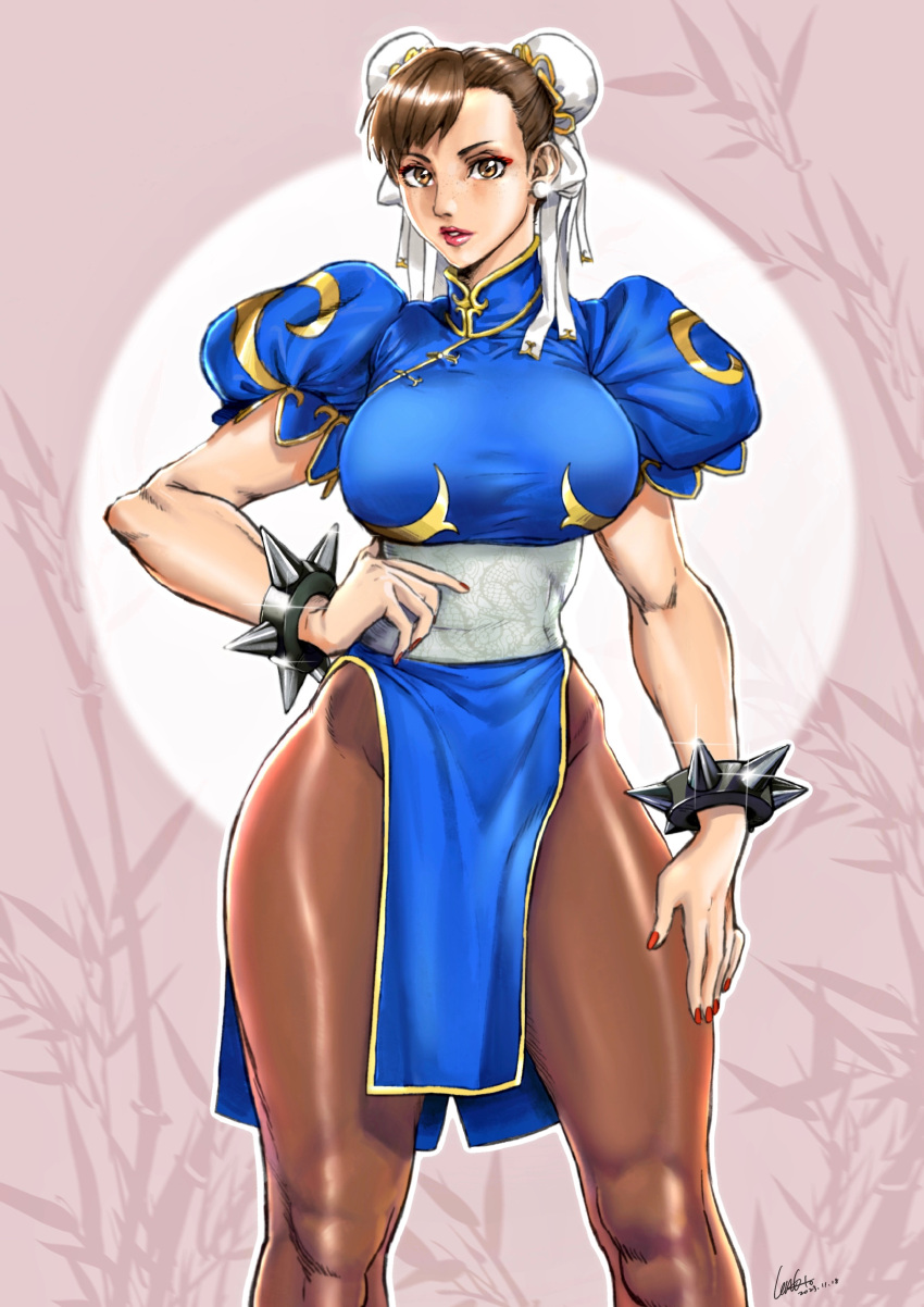 1girl absurdres bracelet breasts brown_hair brown_pantyhose bun_cover capcom china_dress chinese_clothes chun-li cowboy_shot double_bun dress earrings gtolin_chang hair_bun highres jewelry large_breasts leaf leaf_background pantyhose pelvic_curtain pink_background sash short_hair solo spiked_bracelet spikes street_fighter street_fighter_ii_(series) studded_bracelet thick_thighs thighs