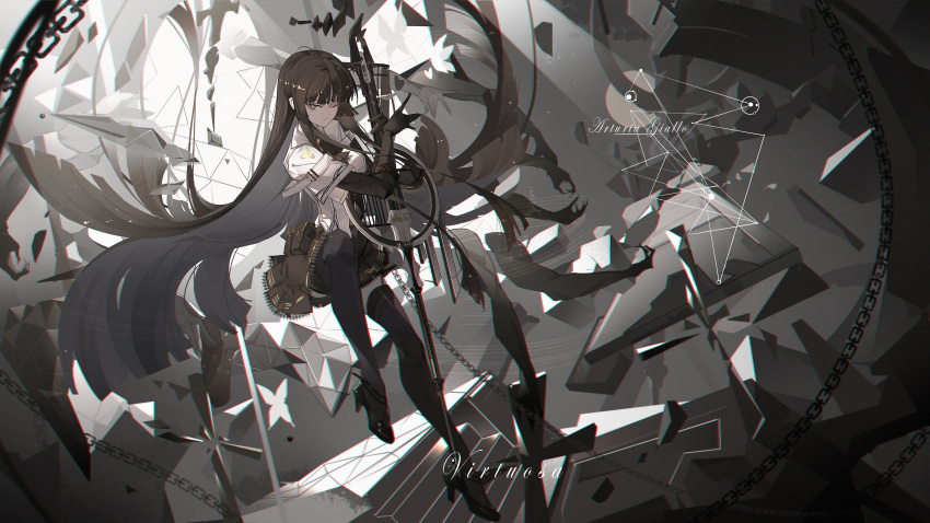 1girl abstract_background absurdly_long_hair absurdres antenna_hair arknights ascot belt belt_buckle belt_pouch black_ascot black_belt black_bustier black_footwear black_garter_straps black_gloves black_hair black_halo black_pouch black_skirt black_thighhighs blunt_bangs blurry blurry_background breasts bright_pupils broken_halo buckle bustier buttons cello chain character_name chinese_commentary chromatic_aberration closed_mouth collared_jacket colored_inner_hair commentary_request cursive dark_halo debris depth_of_field detached_wings dress_shirt energy_wings film_grain floating floating_hair from_side full_body garter_straps gloves grey_eyes grey_hair grey_shirt grey_wings halo hands_up high_heels highres hime_cut holding holding_instrument holding_violin instrument jacket knee_up knees krao layered_sleeves legs light_particles light_smile long_hair long_sleeves looking_at_viewer looking_to_the_side medium_breasts miniskirt mole mole_under_eye multicolored_hair multiple_belts multiple_hands one_eye_closed originium_arts_(arknights) pale_skin pleated_skirt pouch shade shadow shiny_footwear shirt short_over_long_sleeves short_sleeved_jacket short_sleeves sidelocks skirt solo spotlight straight_hair strappy_heels thigh-highs two-tone_hair v-shaped_eyebrows very_long_hair violin virtuosa_(arknights) white_background white_belt white_jacket white_pupils wide_sleeves wing_collar wings zettai_ryouiki