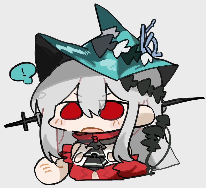 ! 1girl arknights ascot black_ascot blush chibi dress fish_hair_ornament flat_color grey_hair hair_ornament odmised official_alternate_costume open_mouth pointy_hat red_dress red_eyes simple_background skadi_(arknights) skadi_the_corrupting_heart_(arknights) solo spoken_exclamation_mark white_background