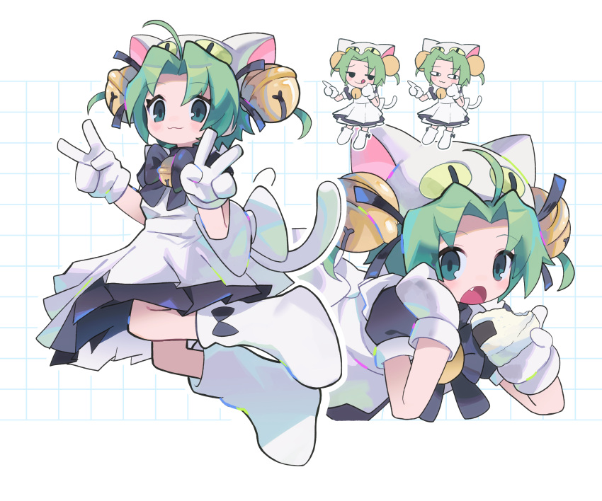 1girl :3 absurdres ahoge animal_hat apron bell bow bowtie cat_hat cat_tail closed_mouth dejiko di_gi_charat double_v dress fang food food_bite green_hair hair_intakes hands_up hat highres holding holding_food jingle_bell kneehighs maid_apron mittens morizo_(morizoshop) neck_bell onigiri open_mouth puffy_short_sleeves puffy_sleeves purple_bow purple_bowtie purple_dress short_hair short_sleeves socks tail v white_headwear white_mittens white_socks