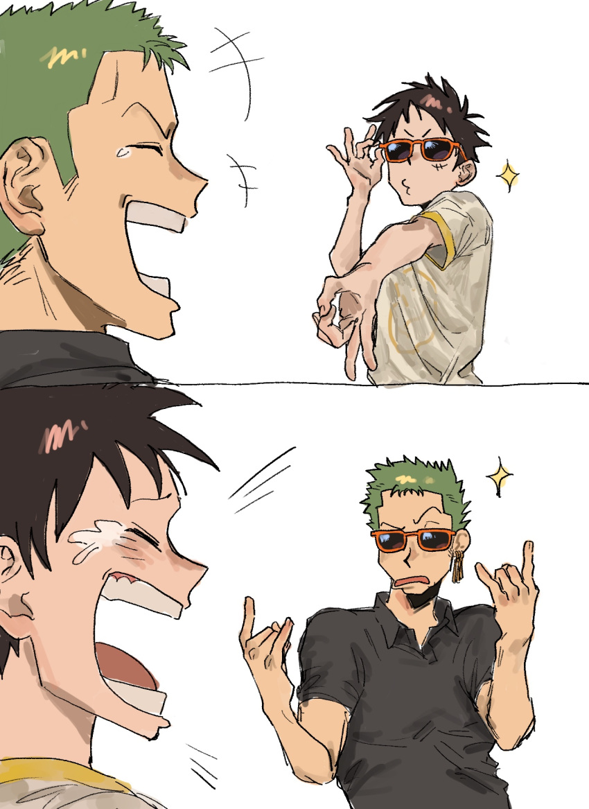 2boys adjusting_eyewear black_shirt closed_eyes earrings green_hair highres jewelry laughing male_focus monkey_d._luffy multiple_boys multiple_views nsozp one_piece open_mouth profile red-framed_eyewear roronoa_zoro scar scar_on_cheek scar_on_face shirt short_hair sideburns simple_background single_earring sparkle sunglasses tearing_up upper_body white_background white_shirt