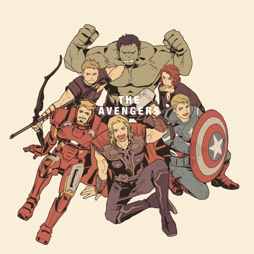 1girl 5boys arc_reactor arm_up armor arrow_(projectile) avengers_(series) beard black_bodysuit black_footwear black_hair black_pants black_shirt black_widow blonde_hair blue_bodysuit blue_eyes bodysuit boots bow_(weapon) breasts brown_background cape captain_america clenched_hands clint_barton colored_skin commentary_request copyright_name facial_hair full_armor green_eyes green_skin hands_up hawkeye_(marvel) helmet highres holding holding_bow_(weapon) holding_shield holding_weapon hood hooded_bodysuit hulk iron_man light_brown_hair long_hair looking_at_viewer marvel marvel_cinematic_universe medium_breasts mjolnir_(marvel) mochishio multicolored_armor multiple_boys natasha_romanoff open_mouth own_hands_together pants pocket power_armor red_armor red_cape red_footwear redhead shield shirt short_hair simple_background sitting sleeveless sleeveless_shirt smile standing star_(symbol) steve_rogers striped superhero teeth the_avengers_(2012) thor_(marvel) tony_stark v-shaped_eyebrows weapon yellow_armor