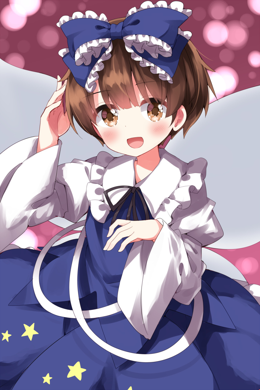 1girl :d alternate_hair_length alternate_hairstyle blue_bow blue_dress blurry blurry_background bow brown_eyes brown_hair commentary_request dress hair_bow highres juliet_sleeves long_sleeves looking_at_viewer open_mouth puffy_sleeves ruu_(tksymkw) smile solo star_(symbol) star_print star_sapphire touhou