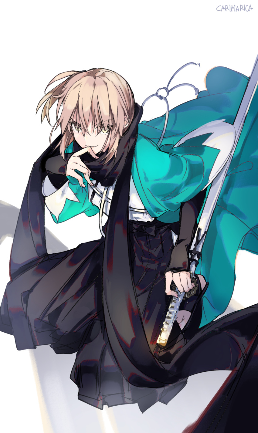 1girl absurdres black_hakama black_scarf blonde_hair carimarica fate/grand_order fate_(series) full_body hakama hakama_skirt hand_up haori highres japanese_clothes katana looking_at_viewer okita_souji_(fate) okita_souji_(koha-ace) scarf short_hair simple_background skirt solo sword weapon white_background yellow_eyes