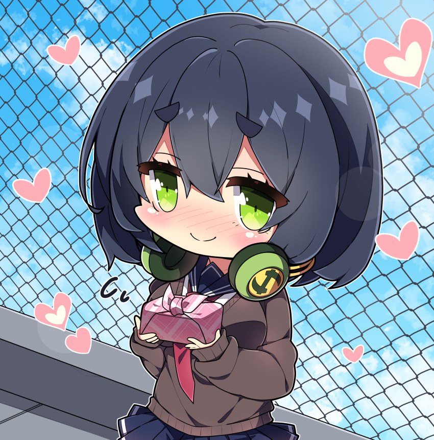 1girl absurdres black_hair black_sailor_collar black_skirt blue_sky blush brown_sweater chain-link_fence chibi closed_mouth clouds commentary_request day fence green_eyes hair_between_eyes headphones headphones_around_neck heart highres holding kyoumachi_seika long_sleeves milkpanda necktie nose_blush outdoors pleated_skirt puffy_long_sleeves puffy_sleeves red_necktie sailor_collar shirt short_eyebrows skirt sky sleeves_past_wrists smile solo sweater thick_eyebrows voiceroid white_shirt wrapped_bento