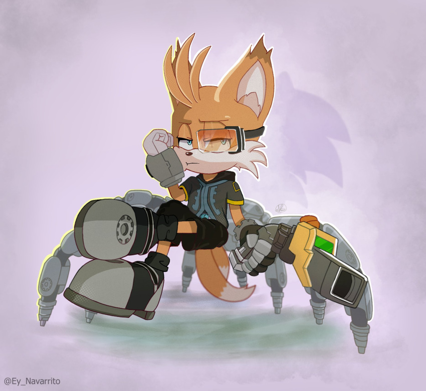 1boy artist_name black_shirt ey_navarrito fox_boy gloves hand_on_own_cheek hand_on_own_face highres holding holding_weapon male_focus multiple_tails nine_(sonic) shirt shoes short_sleeves solo sonic_(series) sonic_prime tail weapon yellow_fur