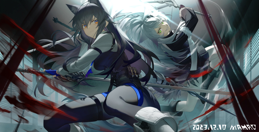 2girls 9_vcat absurdres ahoge animal_ear_fluff animal_ear_piercing animal_ears arknights arm_strap arm_up arms_up artist_name backlighting bare_legs black_coat black_footwear black_gloves black_hair black_pantyhose black_pouch black_skirt black_straps black_tail black_vest blue_eyes blue_gloves blue_necktie blue_shorts blurry blurry_background blurry_foreground boots breasts buttons ceiling chinese_commentary clenched_teeth closed_mouth coat collared_coat collared_shirt colored_inner_hair commentary_request crazy_smile dated day depth_of_field diffraction_spikes double-parted_bangs dress_shirt dual_wielding extra_ears eyelashes fang feet_out_of_frame fighting_stance fingerless_gloves floating_hair fold-over_boots from_below from_side frown full_body fur-trimmed_coat fur-trimmed_sleeves fur_trim glint gloves green_eyes grey_hair hair_between_eyes hair_ornament hairclip hand_up high_collar highres holding holding_sword holding_weapon hoop_piercing incoming_attack indoors jumping lappland_(arknights) lappland_(refined_horrormare)_(arknights) layered_sleeves long_hair long_sleeves looking_at_another looking_to_the_side medium_breasts messy_hair miniskirt multicolored_eyes multicolored_hair multiple_girls multiple_swords multiple_weapons necktie official_alternate_costume open_clothes open_coat orange_eyes originium_arts_(arknights) oripathy_lesion_(arknights) pale_skin pantyhose parted_lips piercing pleated_skirt pouch scar scar_across_eye scar_on_face shade shadow shirt short_over_long_sleeves short_shorts short_sleeves shorts shoulder_strap sidelocks sideways_glance skirt smile squatting straight_hair sword tail teeth texas_(arknights) texas_the_omertosa_(arknights) thigh_strap torn_clothes torn_necktie two-tone_eyes two-tone_hair very_long_hair vest watermark weapon white_footwear white_shirt white_vest wide_sleeves window window_shade wolf_ears wolf_girl wolf_head wolf_tail