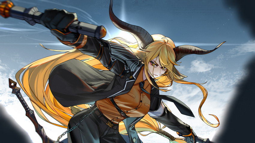 1girl absurdly_long_hair absurdres ahoge animal_ear_fluff animal_ears arknights arm_strap arm_up armband armor asymmetrical_hair asymmetrical_sidelocks backlighting belt belt_buckle belt_chain black_gloves black_jacket black_necktie black_pants black_straps blonde_hair blue_sky blurry blurry_background blurry_foreground breast_pocket breasts bright_pupils brown_belt brown_horns buckle buttons chain chest_harness clear_sky collared_shirt commentary_request cowboy_shot degenbrecher_(arknights) depth_of_field diffraction_spikes dress_shirt dual_wielding eyelashes film_grain floating_clothes floating_hair from_side gloves goat_ears goat_girl goat_horns goat_tail hair_over_one_eye hair_tie hand_up harness highres holding holding_sword holding_weapon horizon horns incoming_attack jacket kourou_(kouroukun) lapels large_breasts leaning leaning_forward light_particles lips long_bangs long_hair long_sleeves looking_afar looking_to_the_side low-tied_long_hair military military_jacket military_uniform mountain mountainous_horizon multiple_swords multiple_weapons necktie notched_lapels open_clothes open_jacket orange_shirt outdoors pants parted_bangs parted_lips pauldrons pocket scratches serious shade shadow shirt shoulder_armor shoulder_pads sidelocks single_pauldron single_shoulder_pad sky snow solo standing straight_hair sun sunlight sword tail teeth uniform v-shaped_eyebrows very_long_hair weapon white_armband white_pupils wing_collar yellow_eyes