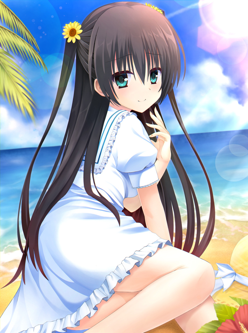 1girl absurdres aqua_eyes arm_support beach black_hair blue_sky blush closed_mouth commentary_request day dress feet_out_of_frame flower frilled_dress frilled_sailor_collar frills from_behind hair_between_eyes hair_flower hair_ornament half_updo hand_up hat highres kousaka_chihaya lens_flare long_hair looking_at_viewer looking_back natsuzora_kanata ocean outdoors palm_leaf puffy_short_sleeves puffy_sleeves sailor_collar sailor_dress short_sleeves sitting sky smile solo split_mouth straight_hair straw_hat sun sunflower sunflower_hair_ornament two_side_up unworn_hat unworn_headwear very_long_hair white_dress white_sailor_collar xiexianglg yokozuwari