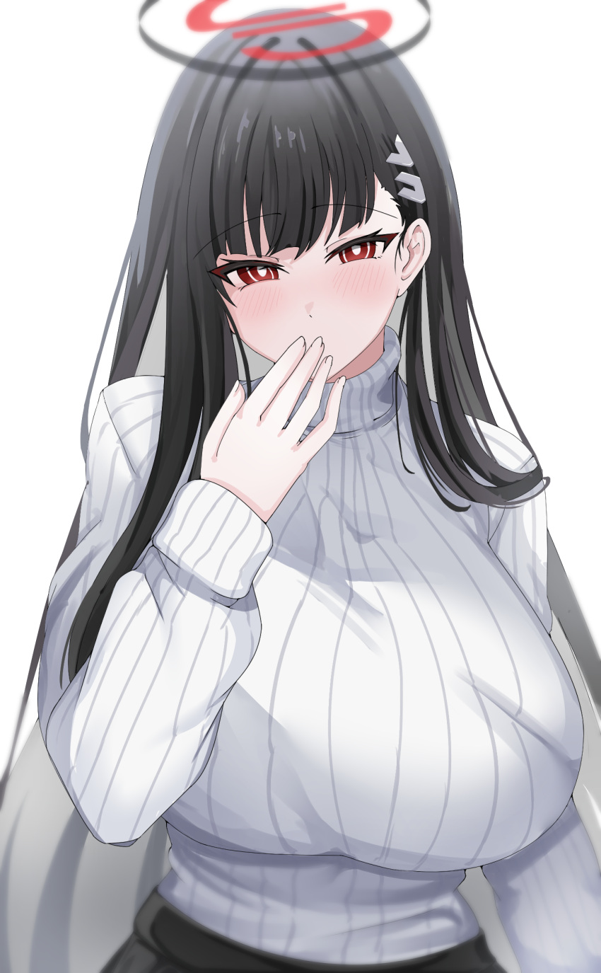 1girl black_hair blue_archive breasts fly_kiss highres huge_breasts lengkuass looking_at_viewer red_eyes ribbed_sweater rio_(blue_archive) shirt sweater
