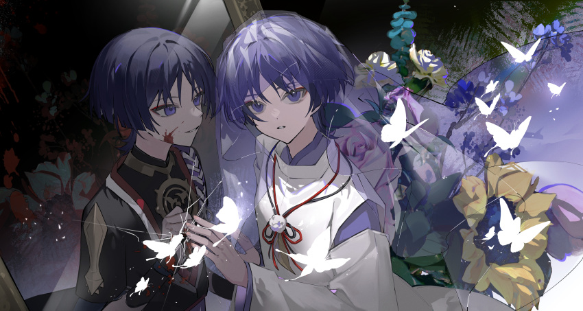 2boys absurdres blood blood_on_face bug butterfly different_reflection flower genshin_impact grin highres japanese_clothes looking_at_another looking_at_viewer male_focus mirror multiple_boys purple_hair reflection scaramouche_(genshin_impact) short_hair smile violet_eyes wanderer_(genshin_impact) xingxing_mei