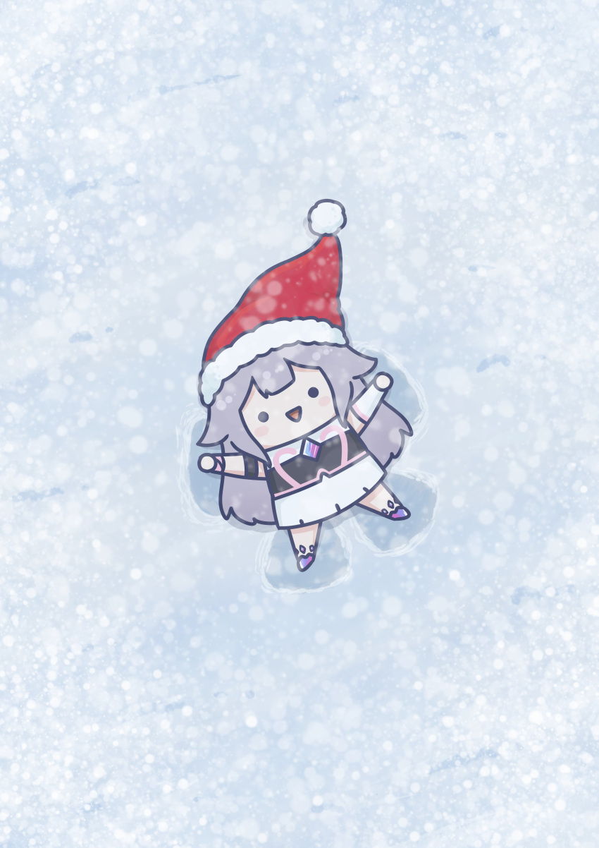 ._. 1girl :d absurdres blush_stickers chibi commentary dress from_above full_body grey_hair hat highres hololive hololive_english koseki_bijou long_hair looking_at_viewer lying on_back open_mouth outstretched_arms phdpigeon santa_hat single_arm_guard smile snow snow_angel snowing solid_circle_eyes solo spread_arms straight-on symbol-only_commentary virtual_youtuber white_dress
