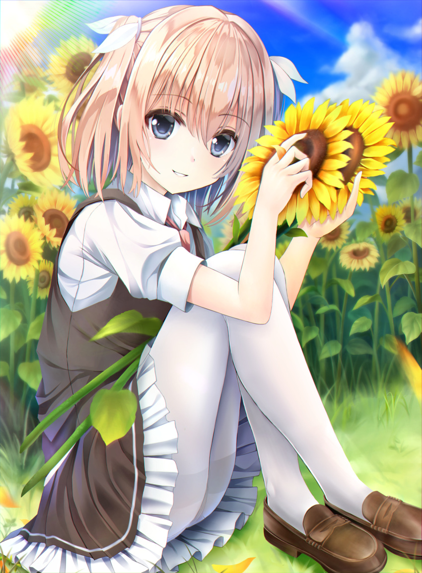 1girl absurdres blue_eyes brown_dress brown_footwear collared_shirt commentary_request crossed_legs day dress field flower flower_field frilled_dress frills full_body grass grin hair_between_eyes hair_ribbon highres knees_up leaf lens_flare light_blush light_brown_hair loafers looking_at_viewer medium_hair on_grass onda_nei outdoors pantyhose ribbon sakura_no_toki shirt shoes short_dress short_sleeves sitting sleeveless sleeveless_dress smile solo sunflower sunflower_field two_side_up white_pantyhose white_ribbon white_shirt xiexianglg