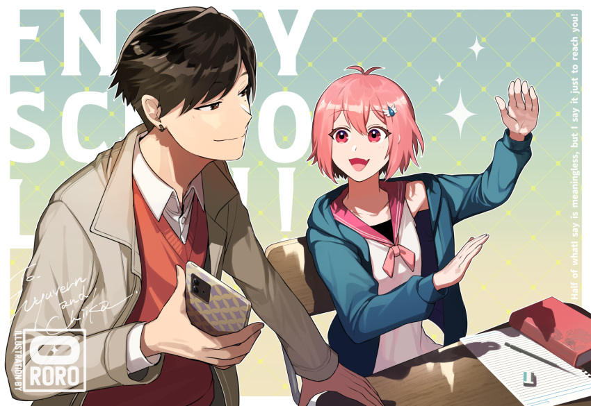 1boy 1girl artist_logo blue_jacket book brown_hair cellphone closed_mouth collared_shirt commission desk earrings english_text eraser eyelashes fang hair_ornament highres holding holding_phone hood hooded_jacket indie_virtual_youtuber jacket jewelry long_sleeves mechanical_pencil neckerchief open_mouth ororooops pencil phone pink_hair pink_neckerchief pink_sailor_collar red_sweater sailor_collar shirt short_hair signature skeb_commission skin_fang smartphone smile sweater virtual_youtuber white_shirt willyu yamane_chiika
