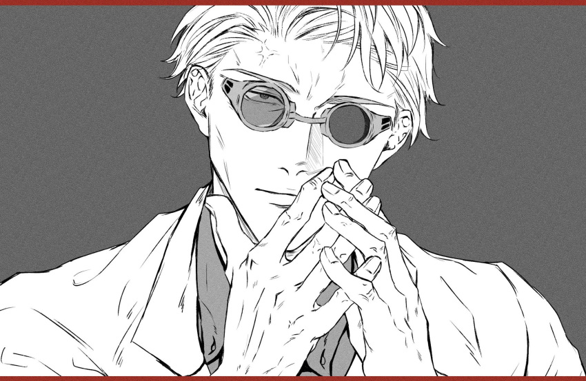 1boy anger_vein collared_shirt expressionless gnb01 goggles highres jacket jujutsu_kaisen lips looking_at_viewer male_focus monochrome nanami_kento portrait shirt short_hair solo suit suit_jacket
