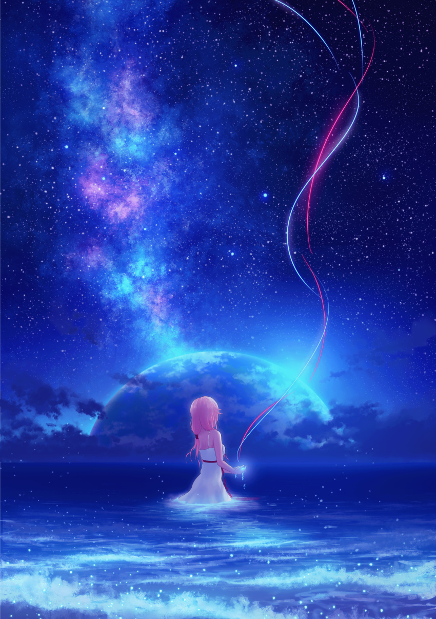 1girl absurdres back_turned bare_arms bare_shoulders blue_theme cupping_hands dress facing_away glowing guilty_crown hair_ornament hairclip highres ilstau long_hair milky_way ocean own_hands_together partially_submerged pink_hair planet red_ribbon ribbon scenery sky solo star_(sky) starry_sky string string_of_fate twintails white_dress yuzuriha_inori