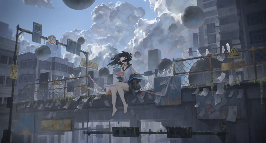 1girl absurdres barefoot bird black_hair black_jacket black_sailor_collar blue_sky breasts building chain-link_fence city cityscape clouds cloudy_sky covered_mouth day fence floating floating_hair floating_object highres jacket long_hair looking_to_the_side necktie off_shoulder original outdoors overgrown paper red_necktie rotarran sailor_collar scenery shirt short_sleeves sign sitting sky small_breasts solo violet_eyes warning_sign white_bird white_shirt wide_shot wind