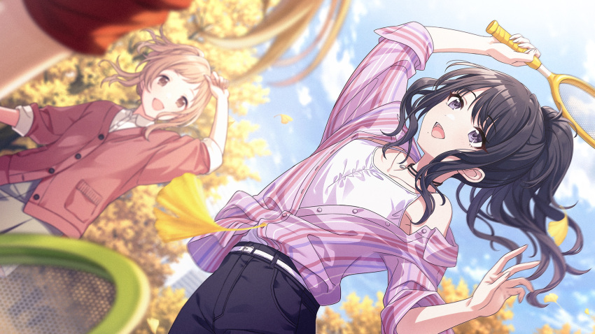 autumn autumn_leaves badminton badminton_racket bare_shoulders belt black_hair blue_sky blurry blurry_foreground brown_eyes buttons camisole choker collarbone collared_shirt day dot_nose dress_shirt falling_leaves floating_hair friends ginkgo_leaf ginkgo_tree hachimiya_meguru happy highres holding holding_racket idolmaster idolmaster_shiny_colors idolmaster_shiny_colors_song_for_prism illumination_stars_(idolmaster) kazano_hiori leaf light_brown_hair long_hair looking_at_another mole mole_under_mouth multiple_girls official_alternate_hairstyle official_art open_mouth outdoors pants pinstripe_pattern pinstripe_shirt playing_sports pleated_skirt pocket ponytail racket sakuragi_mano shirt shirt_tucked_in sidelocks skirt sky sleeves_rolled_up smile striped striped_shirt sweater swept_bangs teeth tree upper_teeth_only vertical-striped_shirt vertical_stripes violet_eyes white_camisole