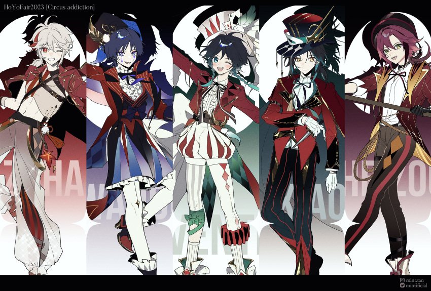 5boys :d ;d absurdres alternate_costume ankle_boots antenna_hair aqua_eyes aqua_hair argyle arm_out_of_sleeve asymmetrical_clothes barefoot beckoning belt black_border black_bow black_bowtie black_capelet black_choker black_gloves black_hair black_headwear black_pants black_ribbon blue_footwear boots border bow bowtie braid brown_belt brown_pants button_gap cape capelet card center_frills character_name choker closed_mouth coat collared_shirt colored_inner_hair column_lineup commentary crop_top cross-laced_footwear crossed_bangs cuff_links double-parted_bangs english_commentary english_text expressionless eyeshadow facial_mark feet_out_of_frame fingerless_gloves foot_wraps forehead_mark frilled_footwear frilled_shirt_collar frilled_shorts frilled_sleeves frills full_body genshin_impact gloves gold_trim gradient_clothes gradient_hair gradient_hat gradient_pants green_eyes green_hair green_ribbon grey_footwear grey_shirt hair_between_eyes hair_intakes harness hat hat_feather hat_ornament high_heel_boots high_heels highres hip_vent holding holding_knife holding_stick instagram_username jacket jester jester_cap juliet_sleeves kaedehara_kazuha knife lapels leaf leg_ribbon leggings letterboxed long_sleeves looking_at_viewer low_ponytail makeup male_focus maple_leaf medium_hair midriff mint-tan mole mole_under_eye multicolored_hair multiple_boys multiple_moles neck_ribbon notched_lapels one_eye_closed outstretched_arm outstretched_arms pants pantyhose parted_bangs pinstripe_pants pinstripe_pattern playing_card pointy_footwear pom_pom_(clothes) print_shirt puffy_shorts puffy_sleeves purple_hair purple_shorts red_cape red_coat red_eyes red_eyeshadow red_headwear red_jacket red_pants red_ribbon red_vest redhead ribbon rope scaramouche_(genshin_impact) see-through_pants shadow shikanoin_heizou shirt shoes short_hair short_hair_with_long_locks shorts side_braids sidelocks sleeve_cuffs sleeve_garter sleeveless sleeveless_shirt sleeves_rolled_up smile socks spikes spotlight spread_arms standing standing_on_one_leg stick streaked_hair striped striped_headwear striped_leggings striped_ribbon striped_shorts suspenders tailcoat tassel teeth thigh_strap tilted_headwear top_hat twitter_username two-sided_cape two-sided_coat two-sided_fabric two-sided_jacket venti_(genshin_impact) vertical-striped_headwear vertical_stripes vest violet_eyes waist_bow wanderer_(genshin_impact) white_background white_bow white_cape white_footwear white_gloves white_hair white_headwear white_leggings white_pants white_pantyhose white_ribbon white_shirt white_shorts white_socks xiao_(genshin_impact) yellow_eyes