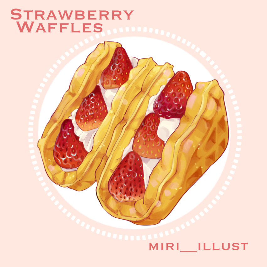 dessert english_text food food_focus fruit highres miri_illust no_humans original strawberry waffle whipped_cream