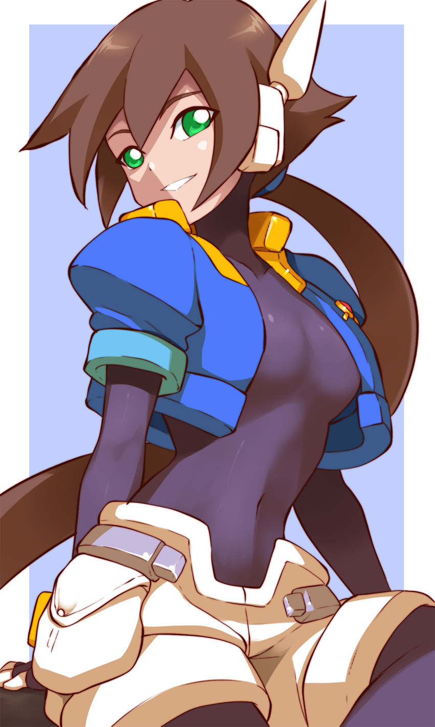 1girl aile_(mega_man_zx) black_bodysuit blue_background blue_jacket bodysuit border breasts brown_hair covered_navel cropped_jacket green_eyes grin highres jacket long_hair looking_at_viewer mega_man_(series) mega_man_zx mega_man_zx_advent open_clothes open_jacket ponytail robot_ears shorts shoutaro_saito simple_background small_breasts smile solo teeth very_long_hair white_border white_shorts