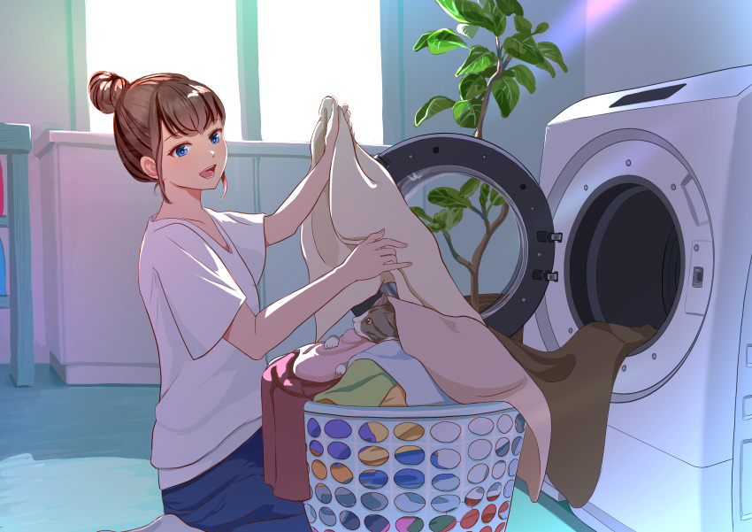 1girl absurdres blue_eyes blue_pants brown_hair cat hair_bun highres indoors laundry laundry_basket nap_on_a_cloud open_mouth original pants plant potted_plant seiza shirt sitting solo tabby_cat washing_machine white_shirt window