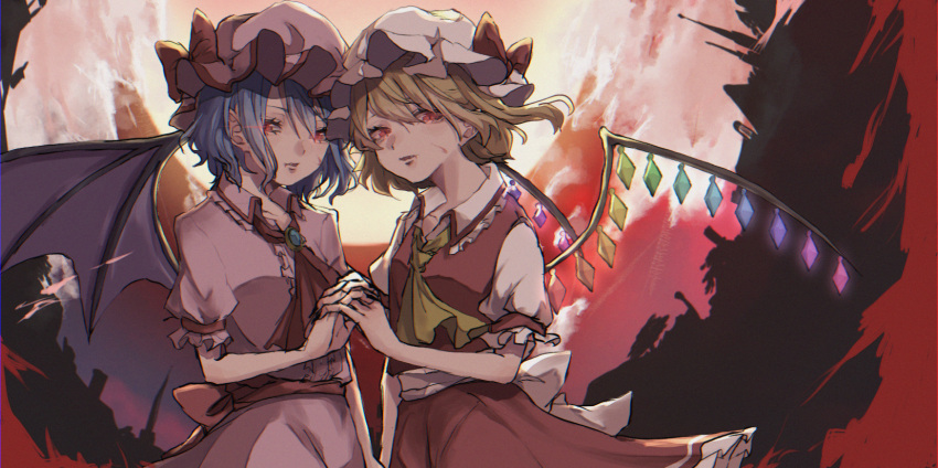 2girls ascot back_bow bat_wings blonde_hair blue_brooch blue_hair bow breasts brooch center_frills closed_mouth collarbone collared_shirt crystal flandre_scarlet frilled_shirt_collar frilled_skirt frilled_sleeves frills glowing glowing_wings hamu_(hm_tama0) hat hat_bow highres holding_hands interlocked_fingers jewelry large_bow looking_at_viewer medium_hair mob_cap multicolored_wings multiple_girls pink_headwear pink_shirt pink_skirt pointy_ears red_ascot red_background red_bow red_eyes red_skirt red_vest remilia_scarlet shirt siblings simple_background sisters skirt skirt_set small_breasts touhou vest white_bow white_headwear white_shirt wings yellow_ascot