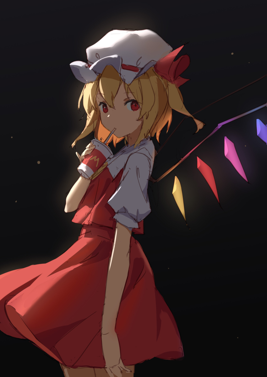 absurdres backlighting black_background blonde_hair collared_shirt cowboy_shot cup dark_background disposable_cup drinking_straw drinking_straw_in_mouth duan_zhu flandre_scarlet from_side hat highres holding holding_cup looking_at_viewer mcdonald's medium_hair mob_cap multicolored_wings one_side_up puffy_short_sleeves puffy_sleeves red_eyes red_skirt red_vest shirt short_sleeves simple_background skirt touhou vest white_headwear white_shirt wings