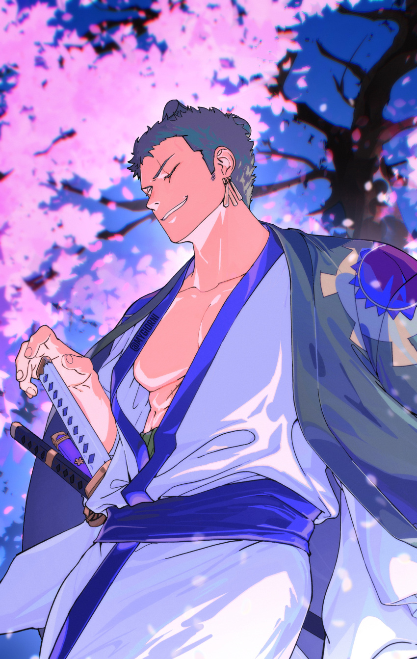 1boy abs absurdres adam's_apple bare_pectorals cherry_blossoms feet_out_of_frame fighting_stance from_below green_hair hair_knot haori highres japanese_clothes kimono large_pectorals looking_at_viewer looking_down male_focus mygiorni no_nipples official_alternate_costume one_piece pectorals ready_to_draw roronoa_zoro scar scar_across_eye short_hair smirk solo white_kimono