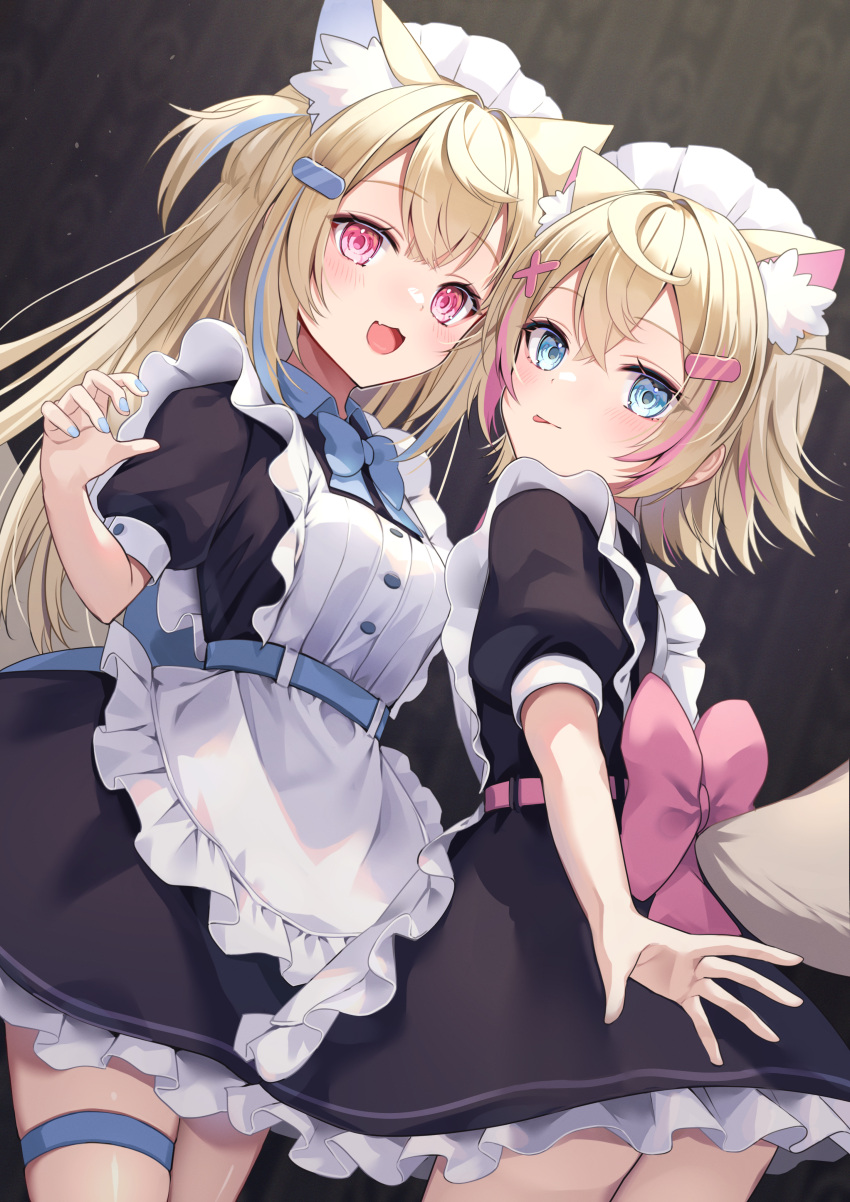 2girls :p absurdres alternate_costume animal_ear_fluff animal_ears apron black_dress blonde_hair blue_bow blue_bowtie blue_eyes blue_hair blue_nails blush bow bowtie commentary cowboy_shot dog_ears dog_tail dress enmaided fang frilled_dress frills fuwawa_abyssgard fuyoyo hair_ornament highres hololive hololive_english long_hair looking_at_viewer maid maid_apron maid_headdress mococo_abyssgard multicolored_hair multiple_girls nail_polish open_mouth pink_eyes pink_hair short_hair siblings sisters skin_fang smile streaked_hair tail thigh_strap tongue tongue_out twins two-tone_hair virtual_youtuber waist_apron white_apron x_hair_ornament
