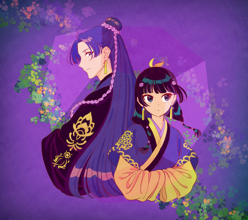 absurdres back-to-back bad_link beads chinese_clothes clover_background earrings freckles hair_beads hair_ornament highres jewelry jinshi_(kusuriya_no_hitorigoto) kusuriya_no_hitorigoto maomao_(kusuriya_no_hitorigoto) purple_background purple_hair ribbon