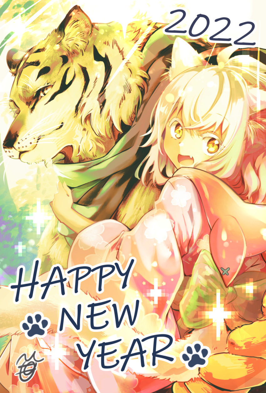 1boy 1girl 2022 :d animal_ears carrying cat_ears cat_girl cat_tail chinese_zodiac fang furry furry_male happy_new_year highres hood hood_down hooded_kimono japanese_clothes kimono mono_(nekogoya) open_mouth original pink_kimono princess_carry short_hair smile tail tiger_ears white_hair year_of_the_tiger yellow_eyes