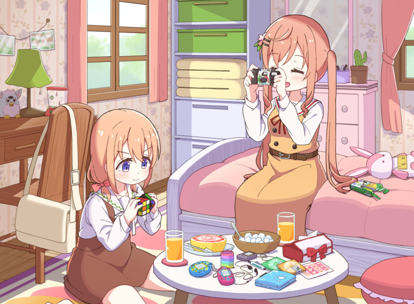 2girls aged_down bag bed belt bow bowl brown_belt brown_dress buttons cactus camera chest_of_drawers closed_eyes closed_mouth coaster commentary_request curtains cushion day desk desk_lamp disposable_camera double-breasted dress earphones earphones floral_print frills furby glass gochuumon_wa_usagi_desu_ka? grapefruit hair_bow hair_ornament hairclip holding holding_camera hoto_cocoa hoto_mocha indoors lamp light_blush long_hair long_sleeves looking_at_another low_twintails mirror mohei multiple_girls neck_ribbon no_shoes on_bed orange_hair orange_juice partial_commentary photo_(object) pink_curtains red_bow red_ribbon ribbon rubik's_cube sailor_collar school_bag school_uniform shirt short_hair siblings sidelocks sisters sitting slinky smile socks stuffed_animal stuffed_rabbit stuffed_toy sugar_cube table tamagotchi tissue_box twintails violet_eyes wallpaper_(object) wariza white_bag white_ribbon white_sailor_collar white_shirt white_socks window wooden_chair wooden_desk