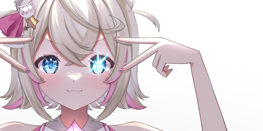 1girl :3 blonde_hair blush close-up closed_mouth commentary crossed_bangs double-parted_bangs double_v english_commentary hair_between_eyes haru_hhmn highres hololive hololive_english hoshino_ai's_pose hoshino_ai_(oshi_no_ko) looking_at_viewer mococo_abyssgard multicolored_hair nail_polish oshi_no_ko pink_eyes pink_hair pink_nails shirt short_hair simple_background solo sparkling_eyes streaked_hair two-tone_hair two_side_up upper_body v v-shaped_eyebrows v_over_eye virtual_youtuber white_background white_shirt