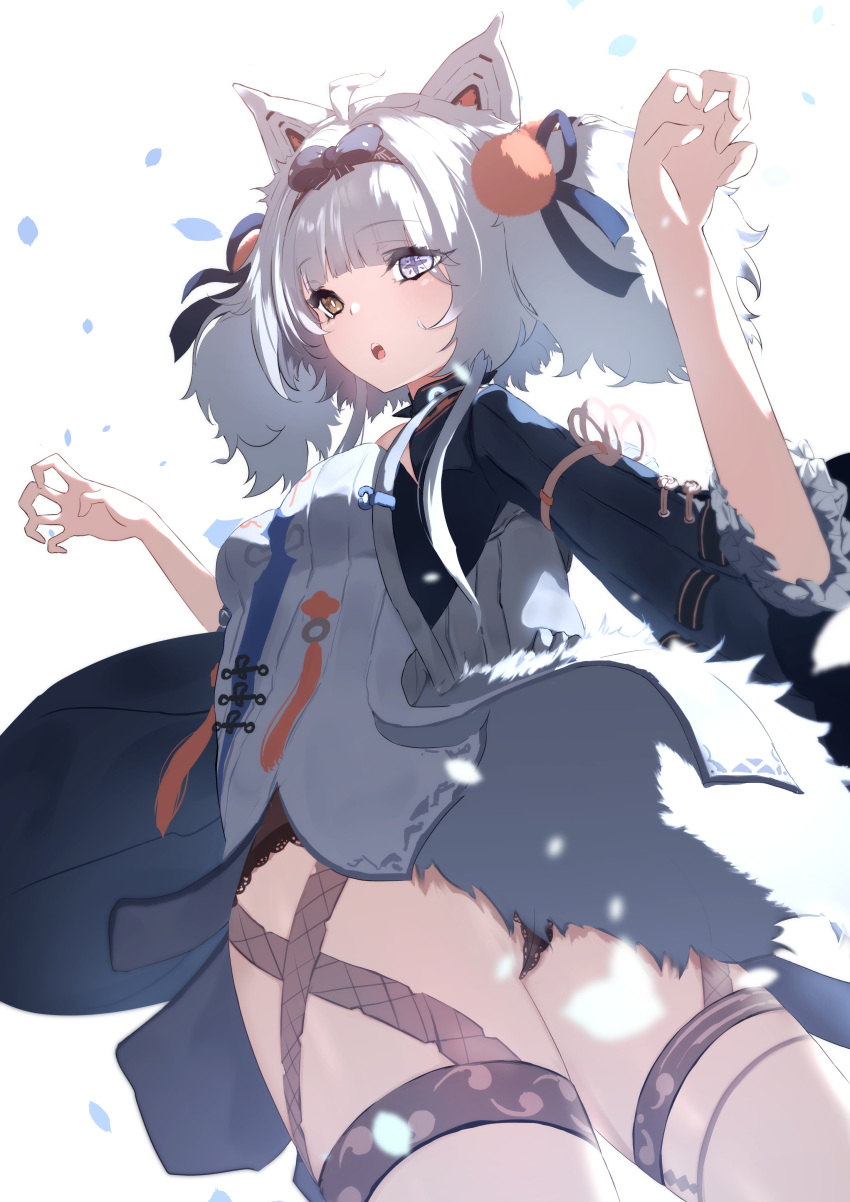 1girl absurdres ahoge animal_ears black_hairband black_ribbon black_shirt bob_cut breasts brown_eyes chinese_clothes cross-shaped_pupils grey_eyes grey_hair hair_intakes hair_ornament hairband heterochromia highres long_hair long_sleeves mechanical_ears mismatched_pupils no.21:_feral_scent_(punishing:_gray_raven) no.21_(punishing:_gray_raven) open_mouth paw_pose punishing:_gray_raven purple_pupils ribbon shirt sidelocks small_breasts solo symbol-shaped_pupils tail takashi_san teeth thigh_strap twintails upper_teeth_only white_shirt wolf_ears wolf_tail