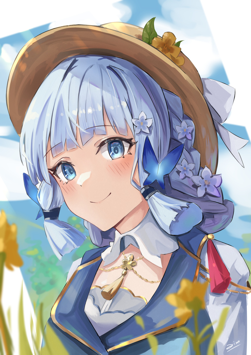 1girl absurdres blue_eyes blue_hair blue_sky blunt_bangs blunt_tresses blurry blush butterfly_hair_ornament closed_mouth clouds commentary_request depth_of_field dress flower genshin_impact hair_flower hair_ornament hat hat_flower highres kamisato_ayaka kamisato_ayaka_(springbloom_missive) long_hair looking_ahead official_alternate_costume outdoors portrait sidelocks signature sky smile solo tassel white_dress yellow_headwear zino_zinuo