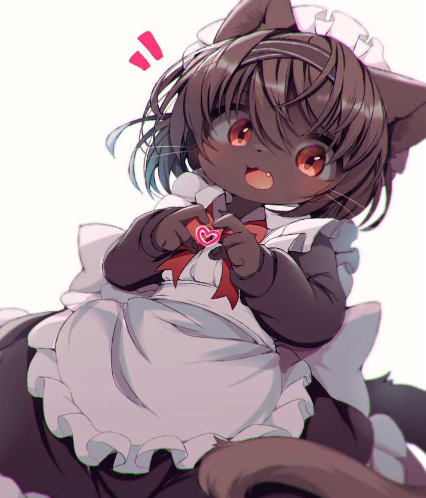 1girl animal_ears apron blush bow bowtie brown_hair cat_ears cat_girl cat_tail commentary cowboy_shot frilled_apron frills furry furry_female hair_between_eyes hands_up headband heart heart_hands highres long_sleeves looking_at_viewer maid maid_apron maid_headdress nefraito notice_lines open_mouth orange_eyes original red_bow red_bowtie short_hair simple_background solo symbol-only_commentary tail tooth white_apron white_background