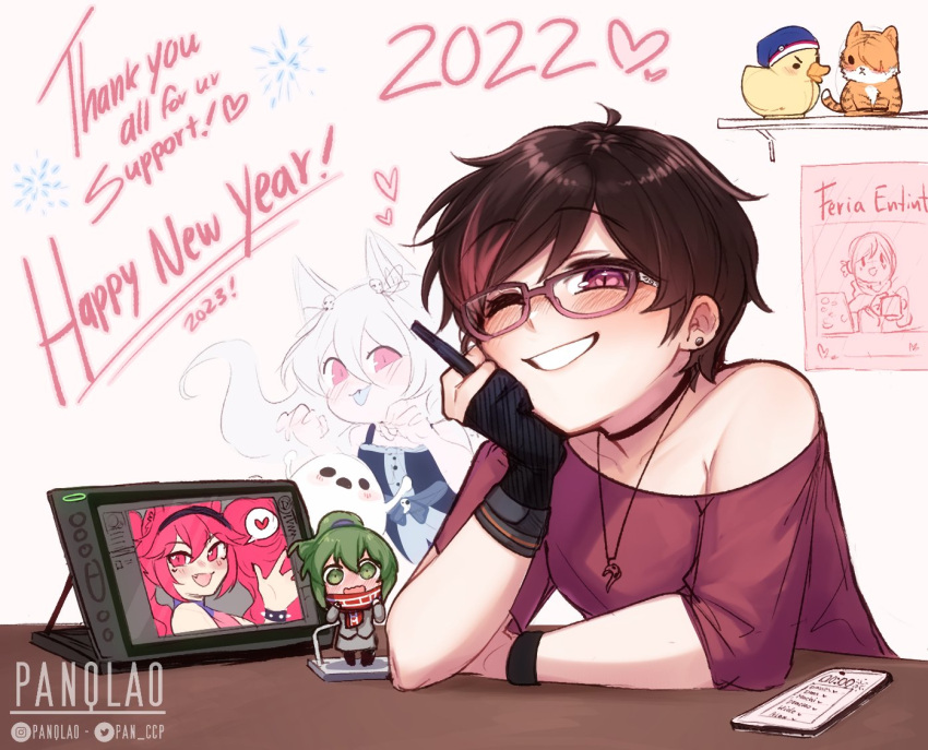 2022 2girls ;d artist_name bird black_choker blush breasts character_request choker duck earrings glasses green_hair grin happy_new_year heart holding holding_pen jewelry multicolored_hair multiple_girls necklace one_eye_closed original pan_(panqlao) panqlao pen red_shirt redhead shirt short_hair short_sleeves single_bare_shoulder small_breasts smile tablet_pc teeth tiger two-tone_hair upper_body white_background