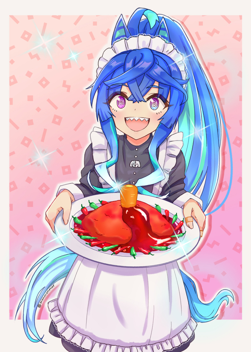 1girl :d @_@ ahoge alternate_costume alternate_hairstyle animal_ears apron aqua_hair bandaid bandaid_on_hand black_shirt blue_eyes blue_hair border carrot chili_pepper commentary_request crossed_bangs enmaided food frilled_apron frills heterochromia highres holding holding_plate horse_ears horse_girl horse_tail jalapeno_pepper long_hair long_sleeves maid maid_apron maid_headdress monmonmur multicolored_hair omelet omurice open_mouth outside_border pink_background plate ponytail sauce sharp_teeth shirt sidelocks smile solo sparkle tail teeth twin_turbo_(umamusume) two-tone_hair umamusume upper_body upper_teeth_only very_long_hair violet_eyes white_apron white_border