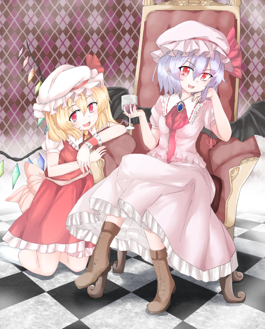 2girls argyle argyle_background ascot back_bow blonde_hair blue_brooch boots bow breasts brooch brown_footwear chair checkered_floor collared_shirt cup drinking_glass feet_out_of_frame flandre_scarlet frilled_shirt frilled_shirt_collar frilled_skirt frills full_body hair_between_eyes hat hat_ribbon head_tilt highres holding holding_cup jewelry large_bow looking_at_viewer mob_cap multiple_girls on_chair open_mouth pink_bow pink_headwear pink_shirt pink_skirt pointy_ears puffy_short_sleeves puffy_sleeves purple_hair red_eyes red_ribbon red_skirt red_vest remilia_scarlet ribbon shirt short_sleeves siblings sisters sitting skirt small_breasts socks touhou vest white_headwear white_shirt white_socks wine_glass wings wrist_cuffs yellow_ascot yossy_(yossy1130)