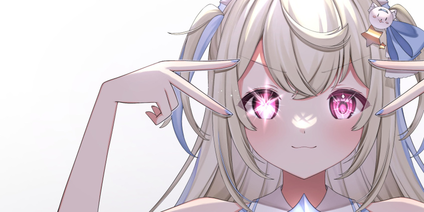1girl :3 blonde_hair blue_hair blue_nails blush close-up closed_mouth commentary double-parted_bangs double_v english_commentary fuwawa_abyssgard hair_between_eyes haru_hhmn highres hololive hololive_english hoshino_ai's_pose hoshino_ai_(oshi_no_ko) long_hair looking_at_viewer multicolored_hair nail_polish oshi_no_ko pink_eyes shirt simple_background solo sparkling_eyes streaked_hair two-tone_hair two_side_up upper_body v v-shaped_eyebrows v_over_eye virtual_youtuber white_background white_shirt
