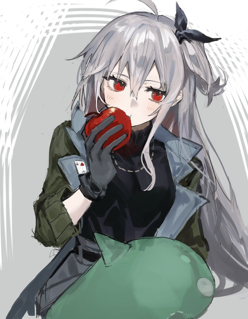 1girl ahoge apple arknights black_bow black_gloves black_shirt border bow commentary_request eating food fruit gloves green_jacket grey_background grey_hair grey_skirt hair_bow highres holding holding_food holding_fruit jacket jewelry long_hair mokuro3m necklace one_side_up red_eyes shirt simple_background skadi_(arknights) skadi_(the_next_afternoon_tea)_(arknights) sketch skirt solo stuffed_animal stuffed_toy white_background