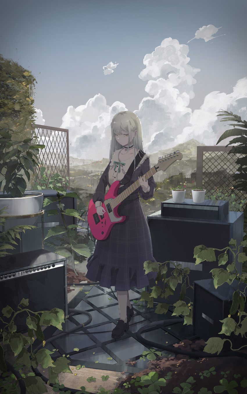 1girl absurdres bang_dream! bang_dream!_it's_mygo!!!!! black_choker black_footwear breasts buttons cable choker closed_mouth clouds collarbone commentary_request dirt dress electric_guitar fence frilled_choker frills grey_hair grey_sky guitar hair_ornament highres hill instrument landscape long_hair long_sleeves looking_down music orange_eyes outdoors plaid plaid_dress plant playing_instrument potted_plant purple_dress rotarran scenery shoes sky sleeve_cuffs small_breasts solo standing wakaba_mutsumi