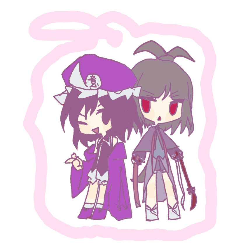 2others adagumo_no_saragimaru androgynous arrow_print bare_shoulders black_eyes black_hair black_shirt black_sleeves blue_shorts blue_vest blush_stickers boots buttons capelet chibi collared_shirt dual_wielding flat_color frilled_hat frilled_shorts frills frown green_hair hat highres holding holding_polearm holding_sword holding_weapon hood hood_down hooded_jacket jacket japanese_clothes len'en long_sleeves looking_at_viewer medium_hair mob_cap moshui_huixing multiple_others naginata necktie one_eye_closed open_clothes open_jacket open_mouth other_focus outline pink_outline polearm ponytail_holder puffy_shorts purple_capelet purple_footwear purple_headwear purple_jacket purple_sleeves red_eyes red_necktie sheath sheathed shirt shitodo_kuroji short_ponytail short_shorts shorts simple_background sleeveless sleeveless_shirt smile snapping_fingers socks split_ponytail sword triangle_mouth triangular_headpiece v-shaped_eyebrows vest weapon white_background white_shorts white_socks wide_sleeves